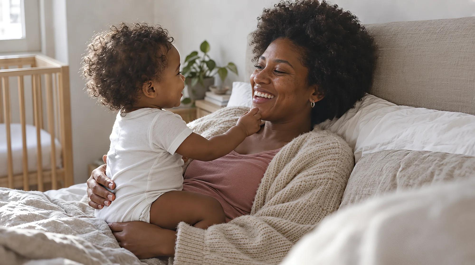 Madre sonriendo en la cama mientras su bebé le toca la cara