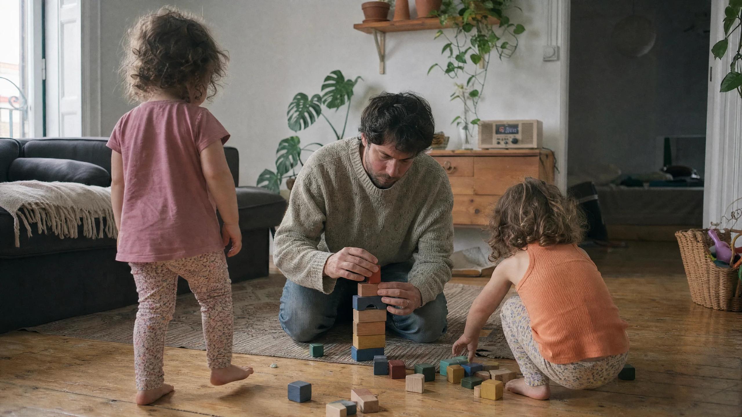 Padre jugando con dos niñas con bloques de madera