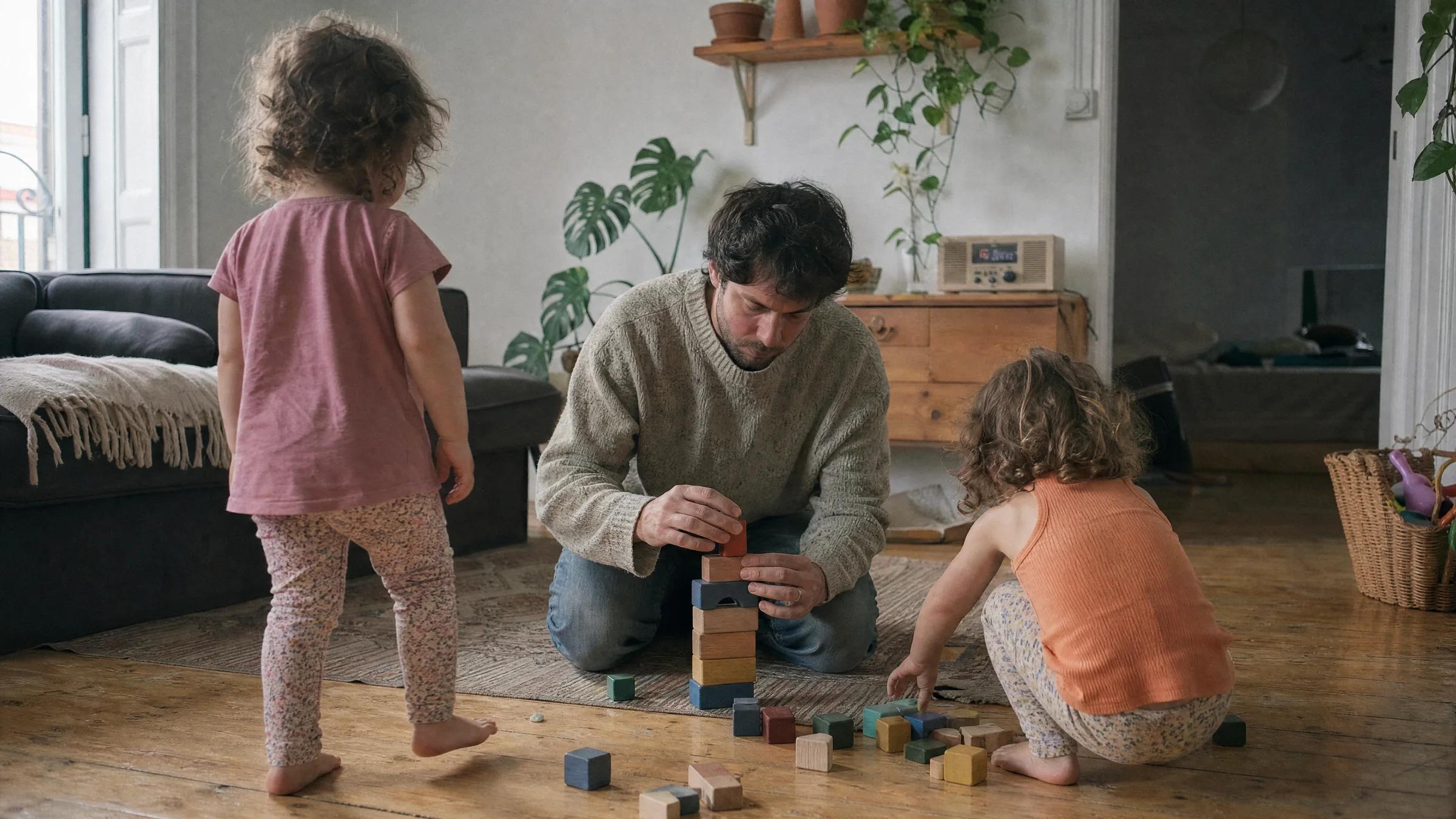 Padre jugando con dos niñas con bloques de madera