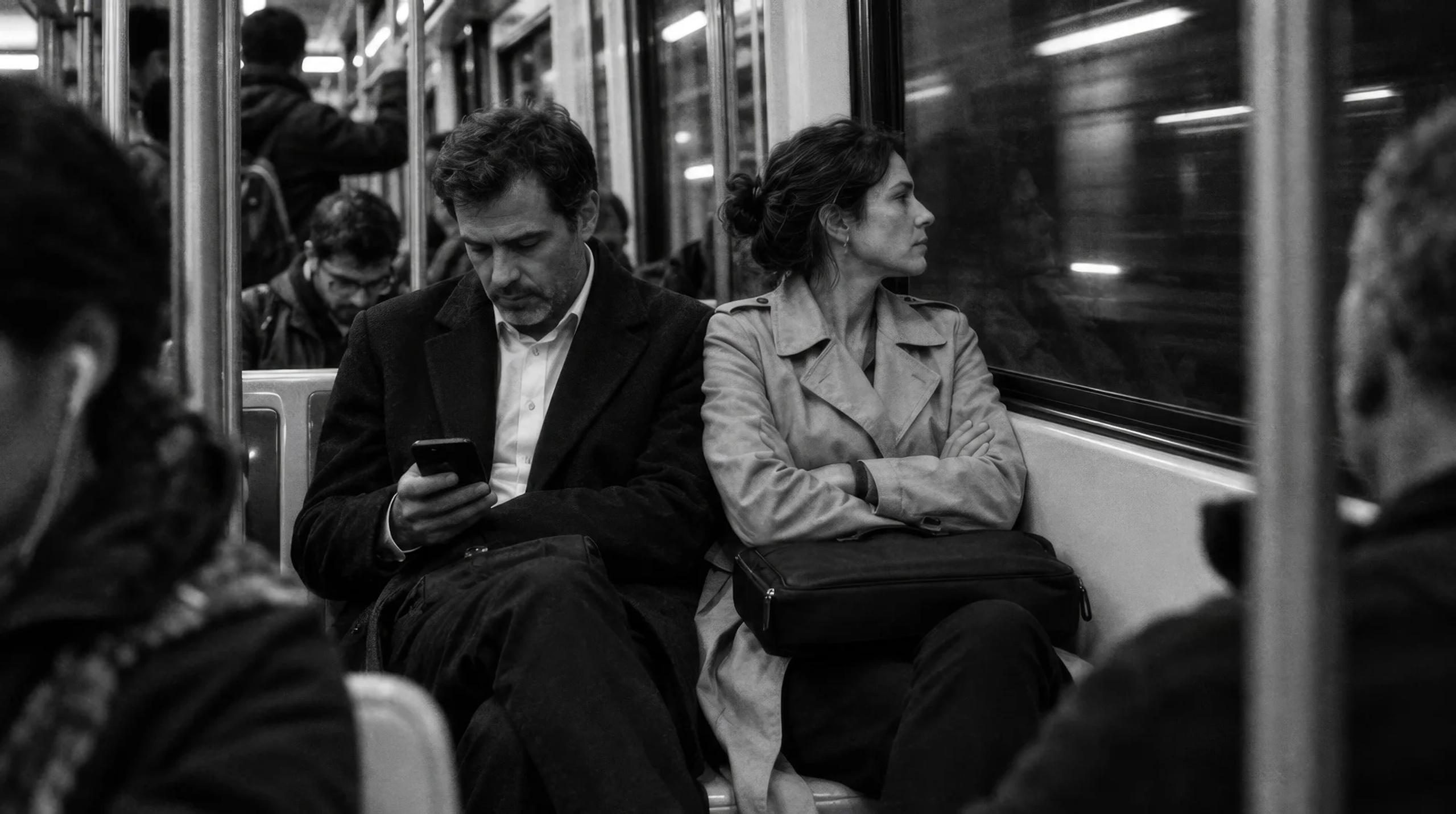 Pareja sentada en el metro, cada uno mirando hacia un lado, en blanco y negro