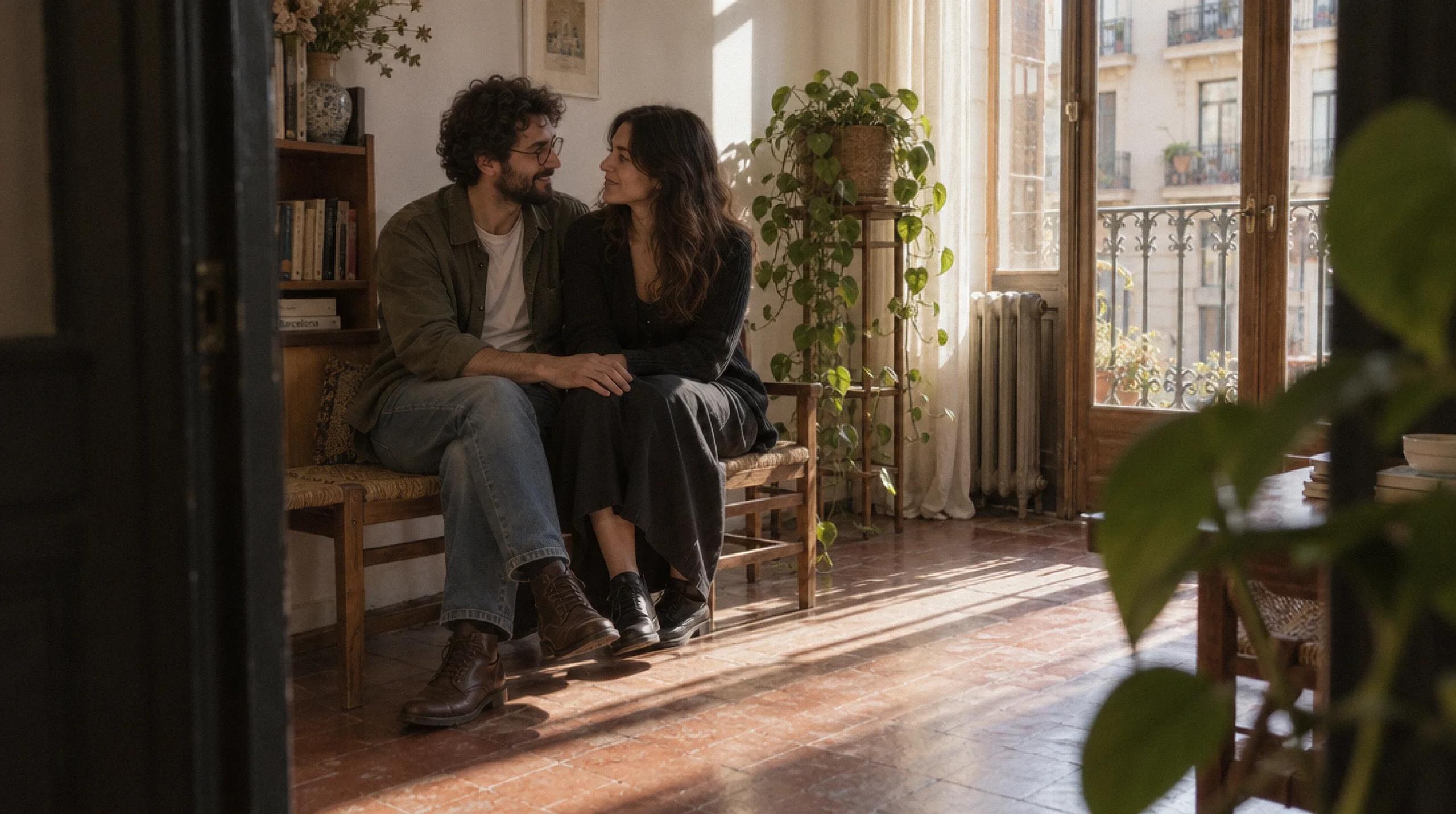 Pareja sentada en un banco junto a la ventana, mirándose