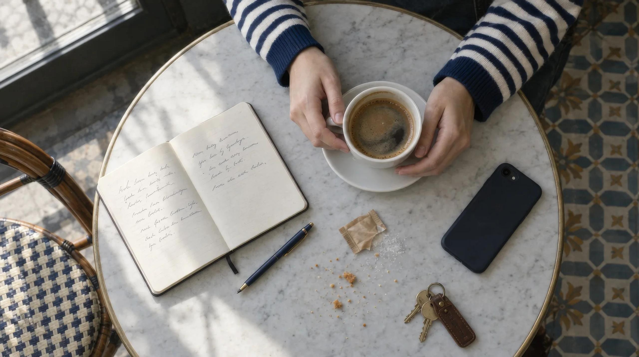 Manos alrededor de un café junto a una libreta abierta y un móvil boca abajo, vistas desde arriba