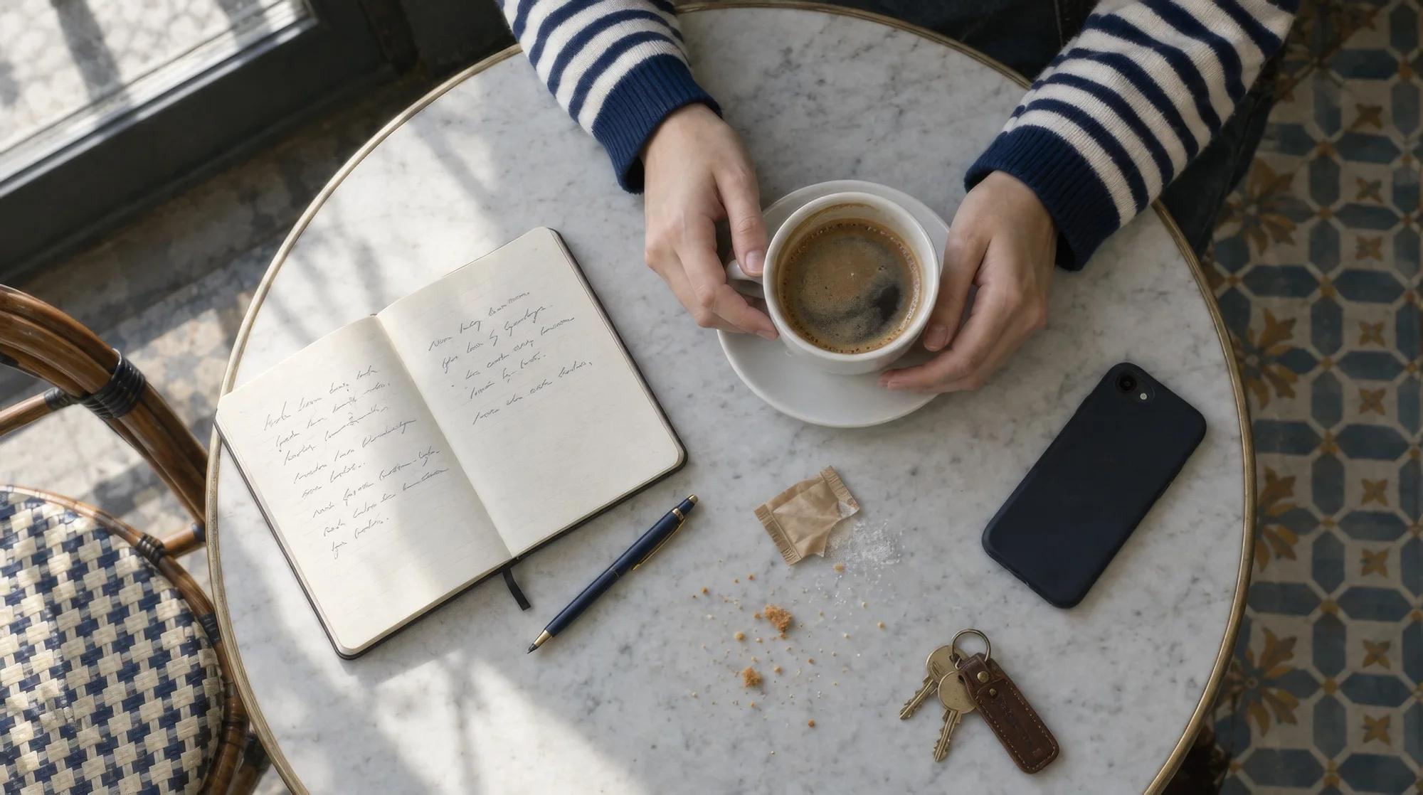 Manos alrededor de un café junto a una libreta abierta y un móvil boca abajo, vistas desde arriba
