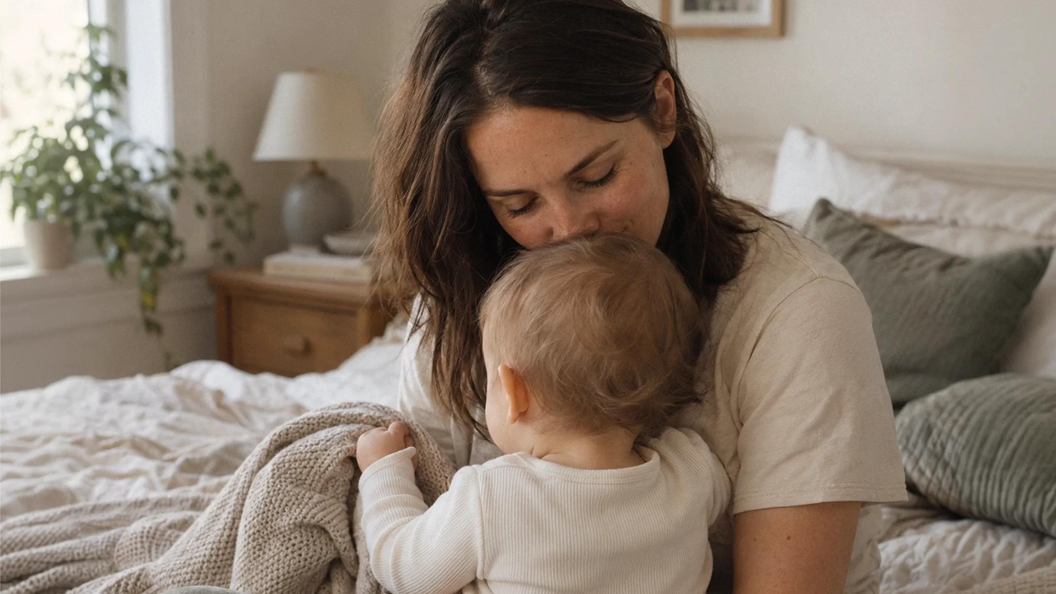 Madre abrazando a su bebé y besándole la cabeza