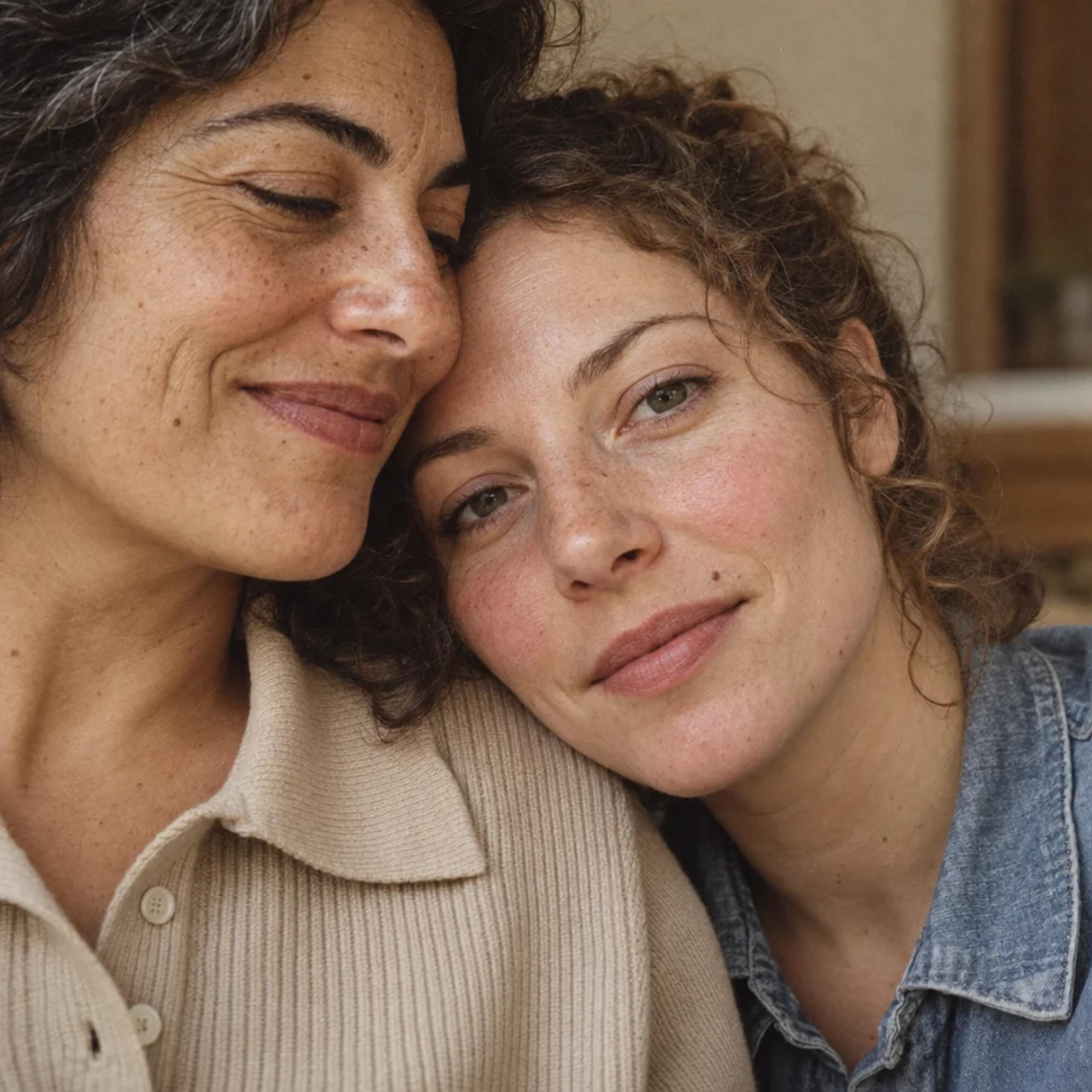 Dos mujeres abrazadas, cabeza con cabeza, sonriendo con los ojos entornados