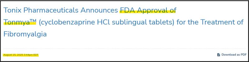토닉스 파마슈티컬스, 15년 만의 섬유근육통 신약으로 FDA 승인 쾌거