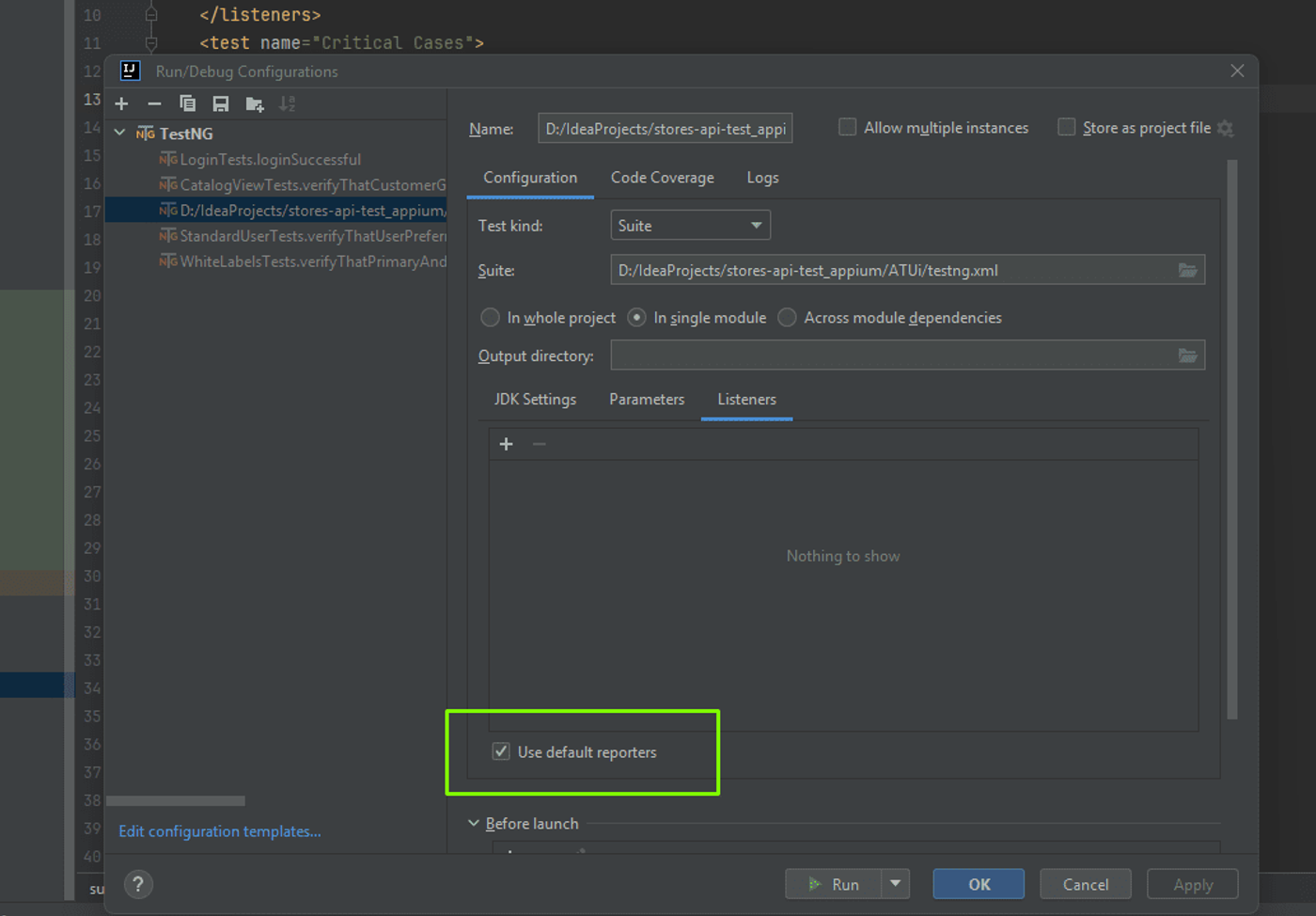Use default Reports checkbox