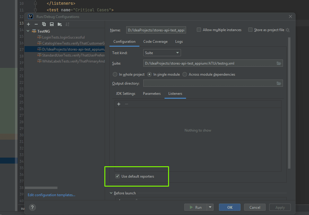 Use default Reports checkbox