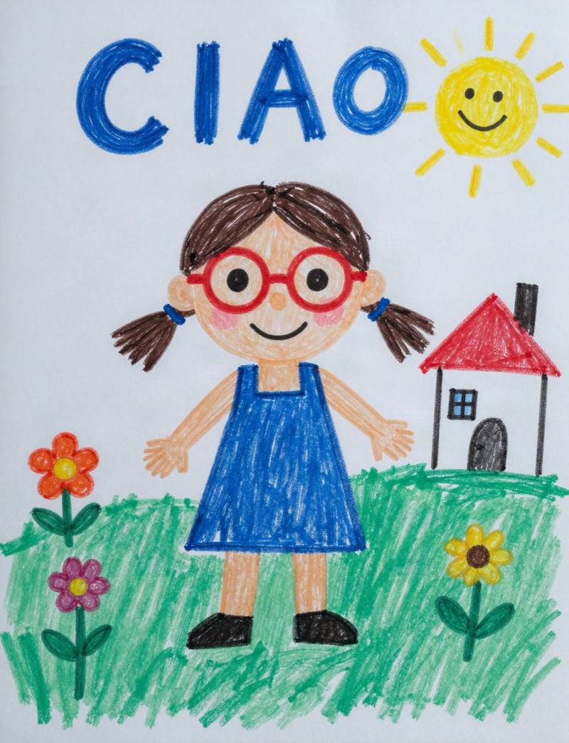 Disegno a pastelli di una bambina con grandi occhiali rossi, un sole sorridente, una casetta e la scritta «Ciao»