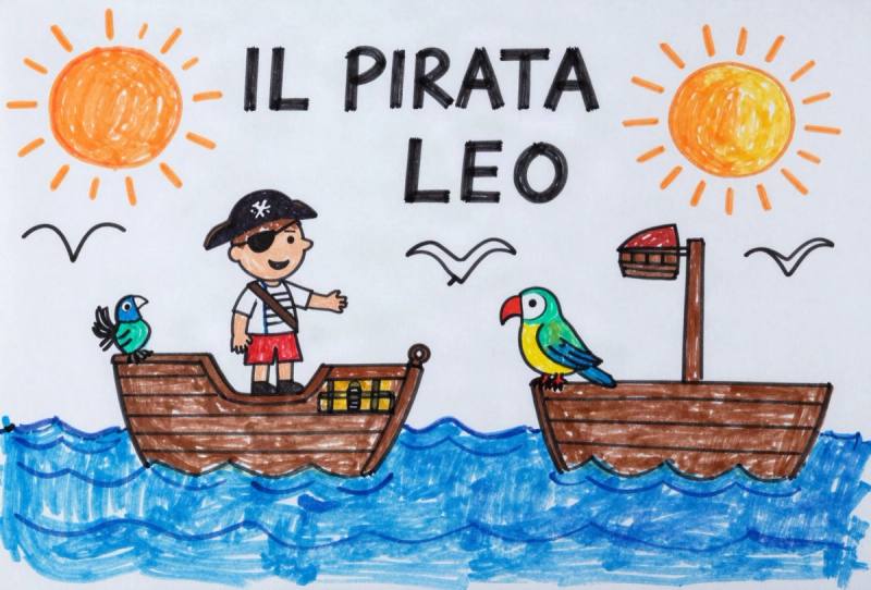 Disegno a pennarelli di un bambino vestito da pirata, con la benda su un occhio, su una nave in mezzo al mare, con la scritta «Il pirata Leo»