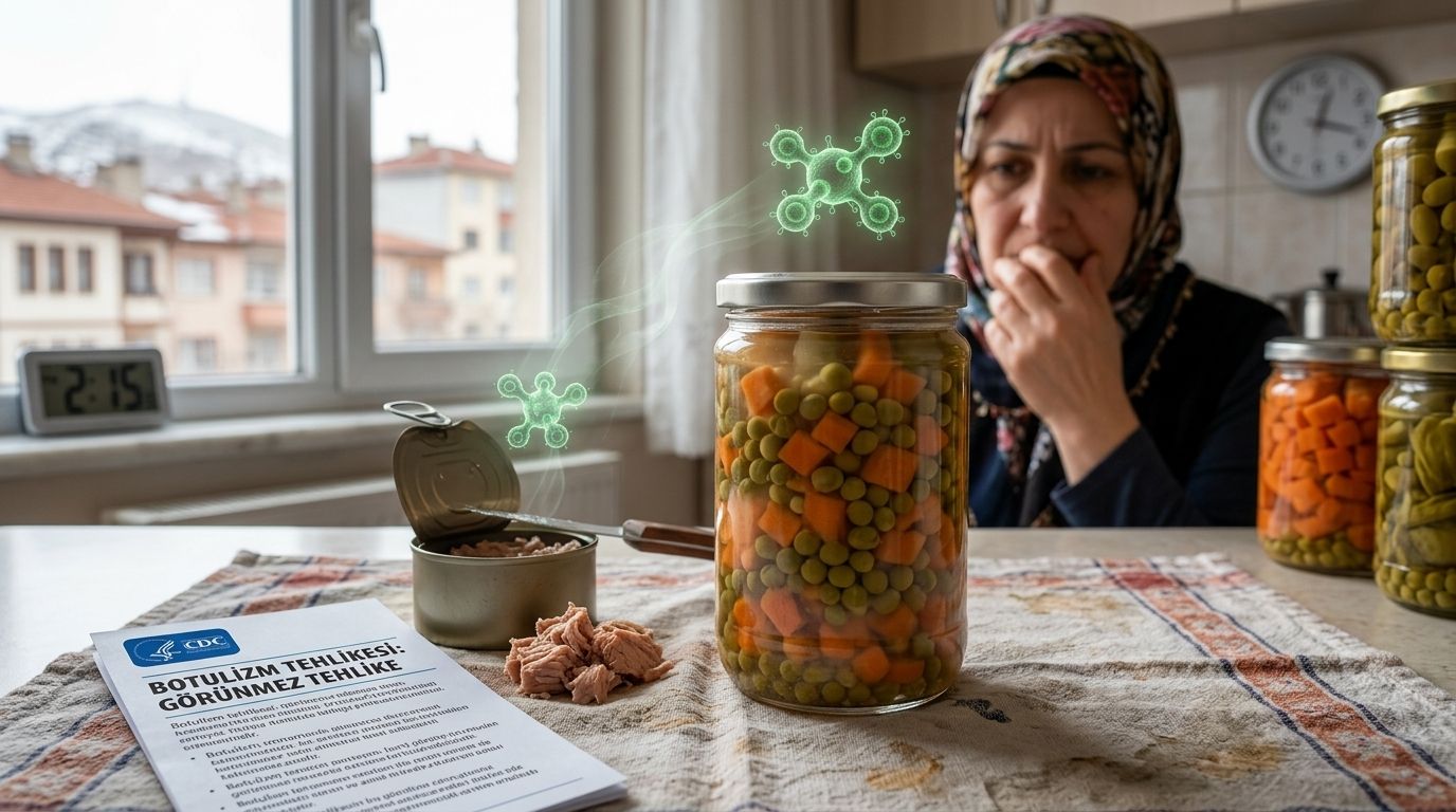 Mutfak masasındaki sebze konservesi kavanozunun yanında ağzına dokunan başörtülü bir kadın ve başka kavanozlar görülüyor.