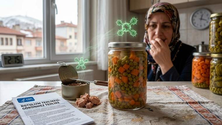 Mutfak masasındaki sebze konservesi kavanozunun yanında ağzına dokunan başörtülü bir kadın ve başka kavanozlar görülüyor.