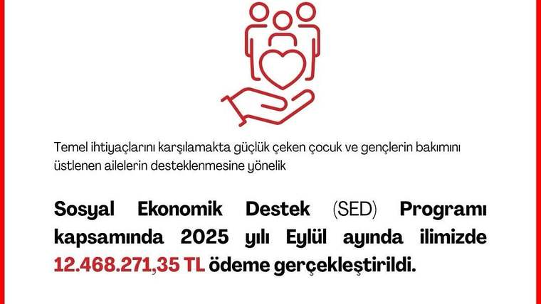 Sosyal Ekonomik Destek Programı hakkında bilgi veren bir metin, kalp ve aile simgeleriyle süslenmiş.