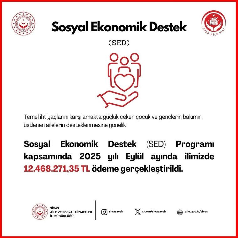 Sivas'ta 2025 Eylül Ayı Sosyal ve Ekonomik Destek Yardımları Başlıyor