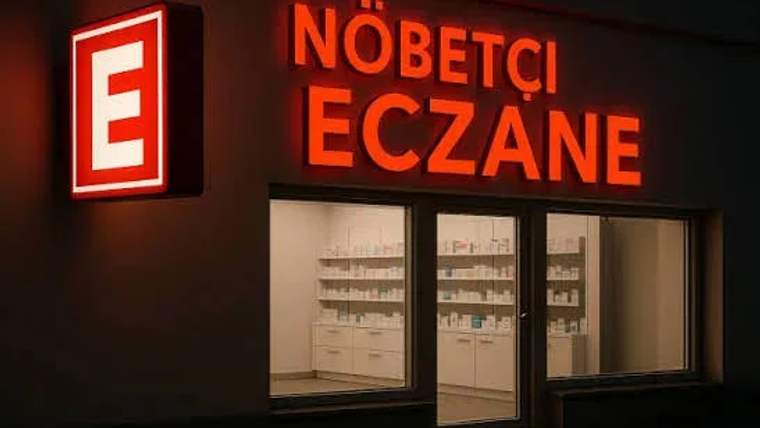 Kırmızı ışıkla aydınlatılmış bir nöbetçi eczane tabelası, eczanenin camlı kapısının önünde duruyor.
