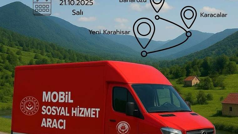 Dağlık bir vadide, üzerinde “MOBİL SOSYAL HİZMET ARACI” yazan kırmızı minibüs ve harita işaretleri görülüyor.