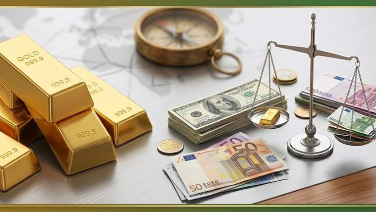 Harita üzerinde üst üste duran altın külçeleri, pusula, terazi ve dolar ile euro banknotları görülüyor.
