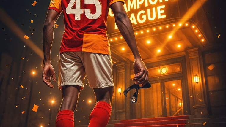 Sırtında 45 numarası bulunan kırmızı-sarı formalı futbolcu, üzerinde Champions League yazan binaya yürüyor.