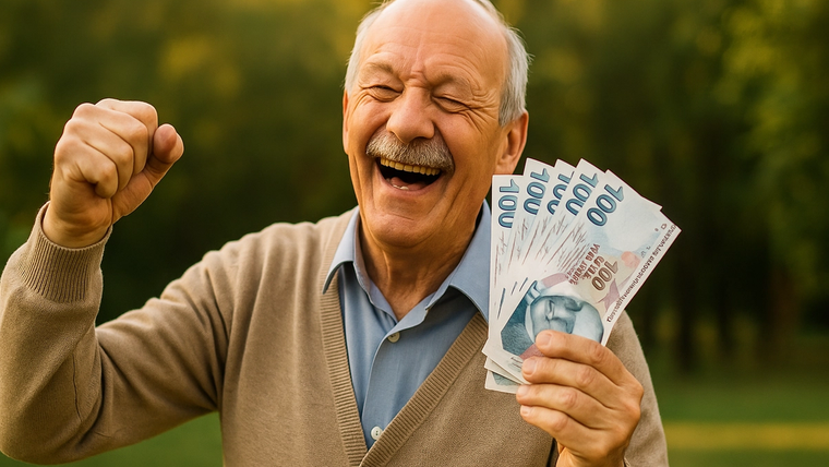 Açık havada gülümseyen yaşlı bir erkek, elinde Türk lirası banknotları tutup diğer yumruğunu kaldırıyor.