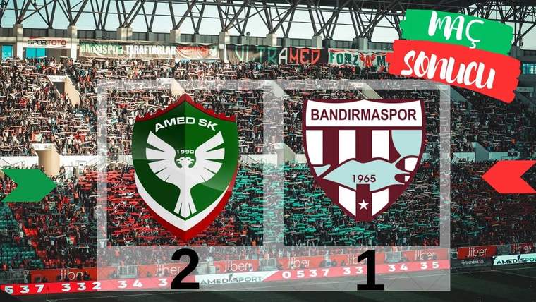 Tribün önünde Amed SK ve Bandırmaspor armaları, altlarında 2-1 skorunu gösteren grafikle birlikte yer alıyor.