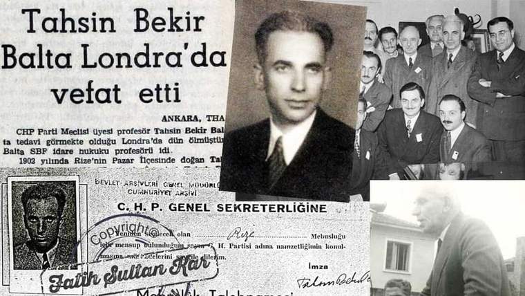 Siyah beyaz kolajda bir erkek portresi, kalabalık bir grup, gazete kupürü ve imzalı belge görülüyor.