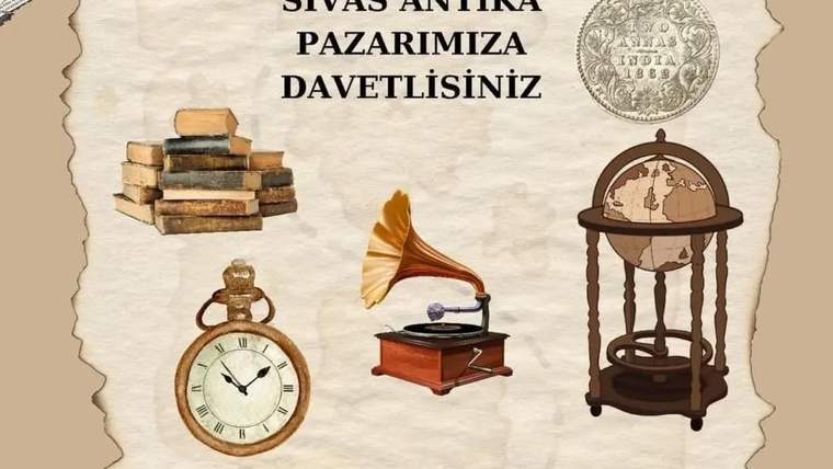 Antika eşyalar ve kurum logoları bulunan, 21 Eylül 2025 tarihli Sivas antika pazarı davetiyesi.
