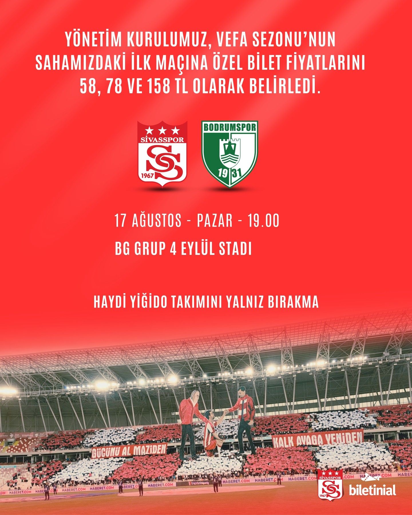 Sivasspor, Bodrum FK Maçı İçin Biletleri Satışa Çıkardı