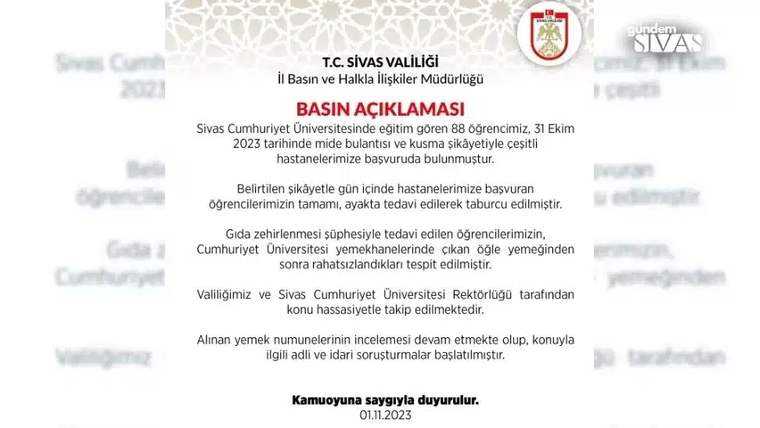 Sivas Valiliği'ne ait bir basın açıklaması metni, üst kısmında logo ve başlık yer alıyor.