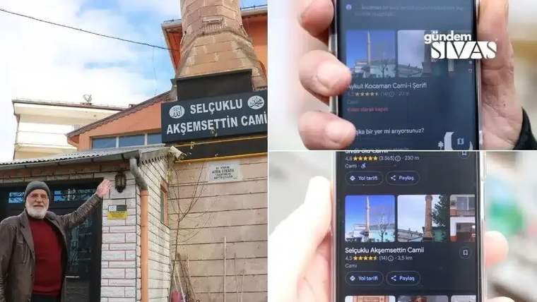 Bir kişi, Selçuklu Akşemsettin Camii tabelasını gösteriyor, elinde telefonla caminin bilgilerini inceliyor.