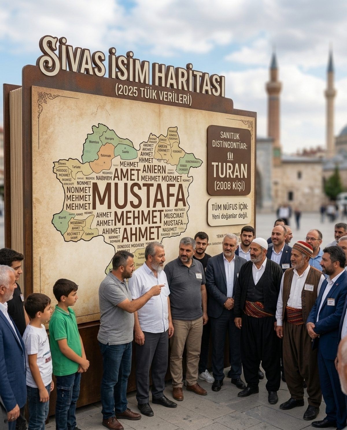 “Sivas İsim Haritası” yazılı panonun önünde duran bir grup kişi; panoda erkek isimleri ve Türkiye haritası görülüyor.