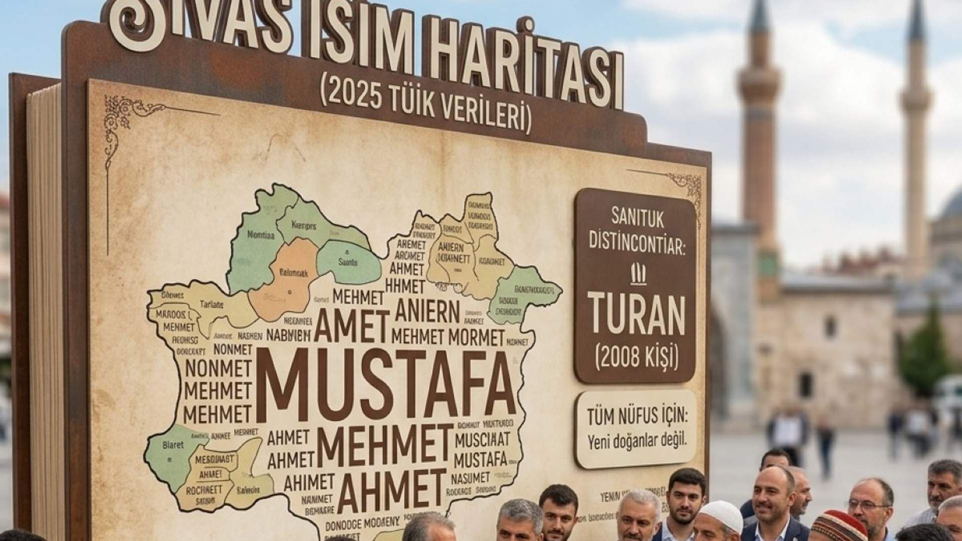 “Sivas İsim Haritası” yazılı panonun önünde duran bir grup kişi; panoda erkek isimleri ve Türkiye haritası görülüyor.