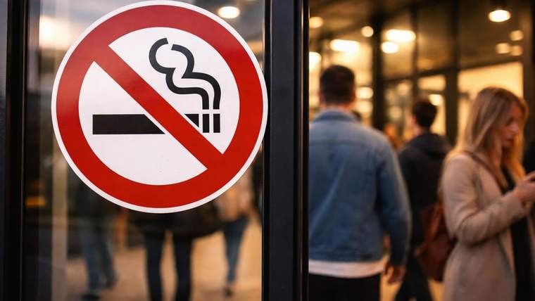 Cam kapıda kırmızı çizgiyle yasaklanmış sigara simgesi, arkasında içeri giren insanlar görülüyor.