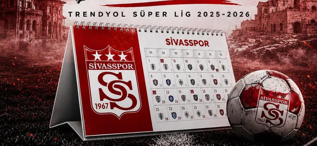 Üzerinde Sivasspor arması ve 2025-2026 sezon takvimi bulunan masa takvimi, futbol topunun yanında duruyor.