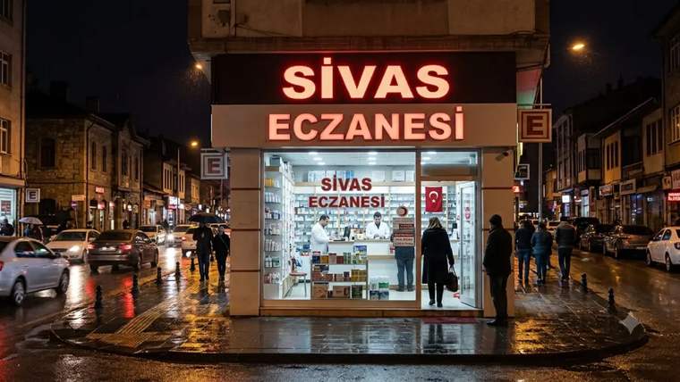 Sivas Eczanesi'nin önünde bekleyen insanlar, eczanenin ışıkları yanıyor.