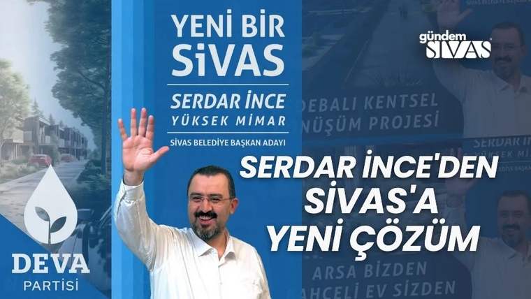 Bir kişi, elini sallayarak gülümseyerek poz veriyor; arka planda Sivas ile ilgili projeleri tanıtan afişler var.