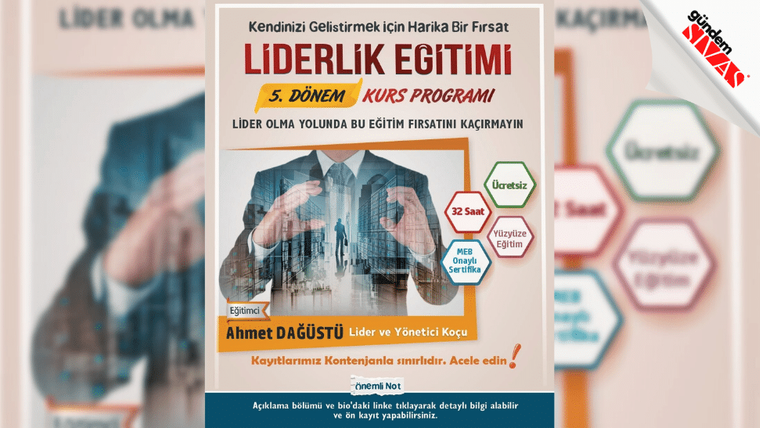 Üzerinde liderlik eğitimi duyurusu bulunan afişte, takım elbiseli kişi ve şehir silüeti yer alıyor.