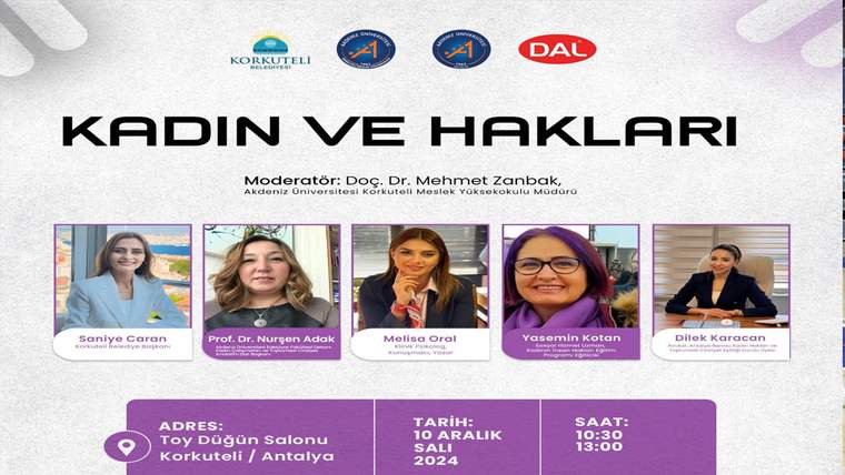 Mor ve beyaz etkinlik afişinde beş kadının portresi, 10 Aralık 2024 tarihi ve Antalya adresi yer alıyor.