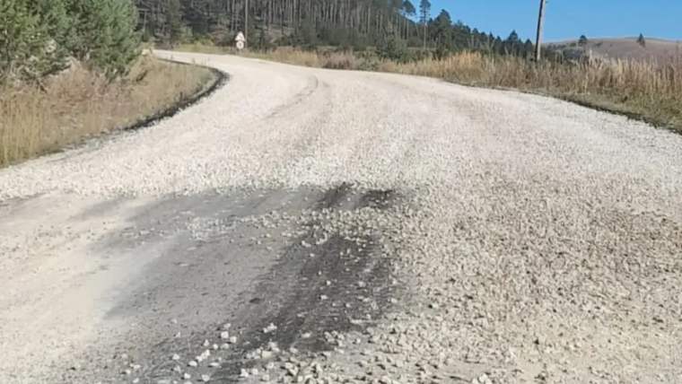 Ormanlık alana doğru kıvrılan, yüzeyi çakıl ve toprakla kaplı geniş bir yol ile yol kenarında direk görülüyor.