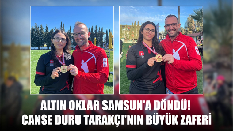 Spor sahasında iki kişi, boyunlarındaki madalyaları elleriyle göstererek kameraya poz veriyor.