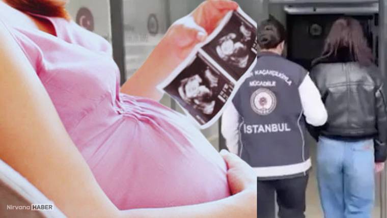 Pembe kıyafetli hamile bir kişi ultrason görüntülerini tutarken, yanında iki kişi bir binaya giriyor.