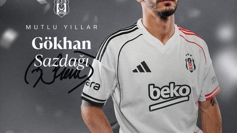 Beşiktaş armalı beyaz formasıyla bir futbolcunun portresi; yanında “Mutlu yıllar Gökhan Sazdağı” yazısı bulunuyor.