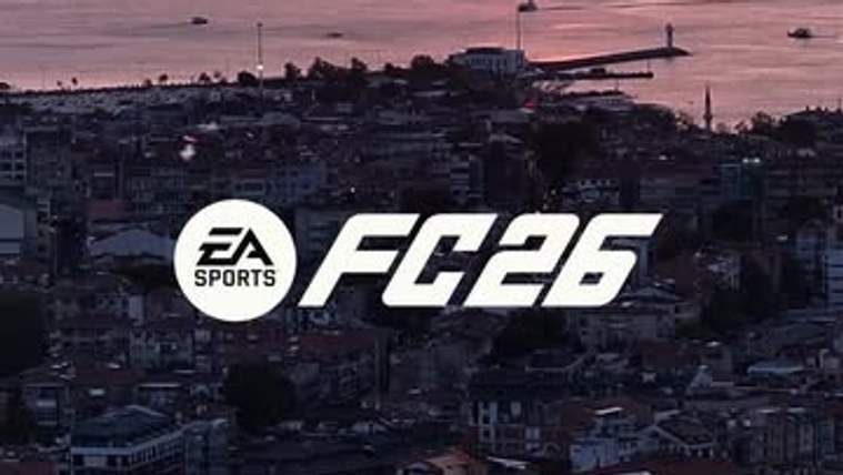 Gün batımında şehir silüeti üzerinde beyaz EA Sports FC 26 logosu yer alıyor.