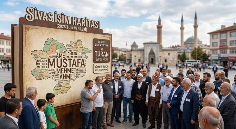 Sivas İsim Haritası panosu önünde duran bir grup insan ve arka planda cami görülüyor.