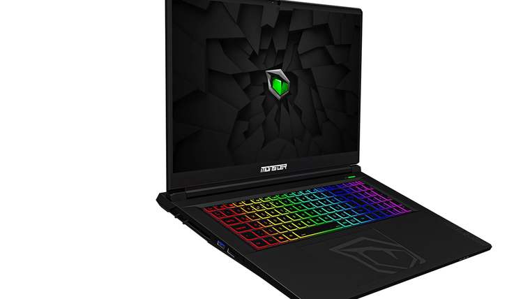 Monster markasına ait, RGB aydınlatmalı klavyesi olan bir dizüstü bilgisayar.