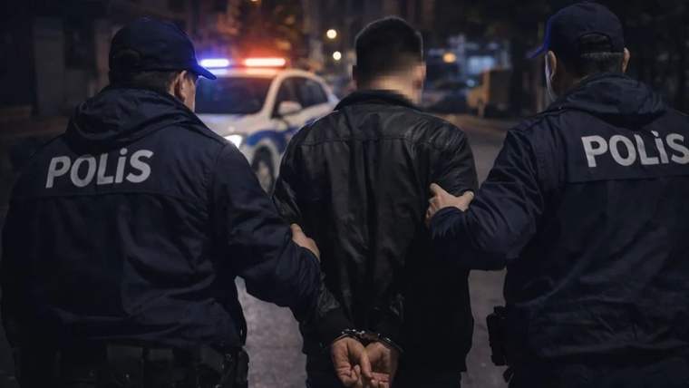 Gece vakti, üzerinde POLİS yazan iki görevli, elleri arkadan kelepçeli bir erkeği tutuyor; arkada polis aracı görülüyor.