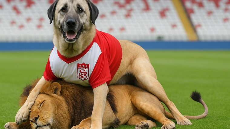 Kırmızı-beyaz formalı bir köpek, yeşil sahada yatan aslanın üzerinde oturuyor; tribünler arkada.
