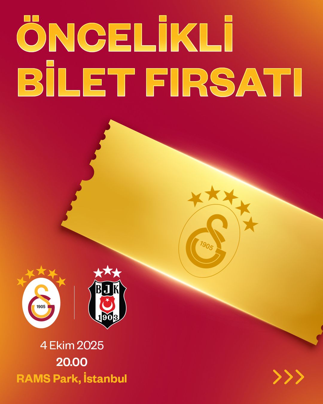 Kırmızı zemin üzerinde Galatasaray amblemli sarı bilet ile Galatasaray ve Beşiktaş armaları yer alıyor.