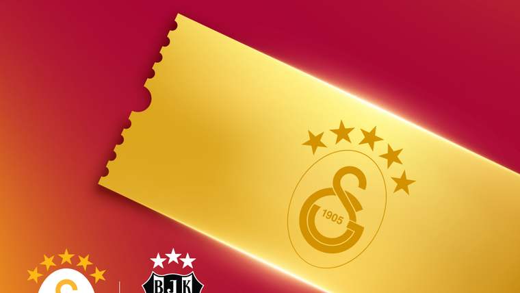 Kırmızı zemin üzerinde Galatasaray amblemli sarı bilet ile Galatasaray ve Beşiktaş armaları yer alıyor.