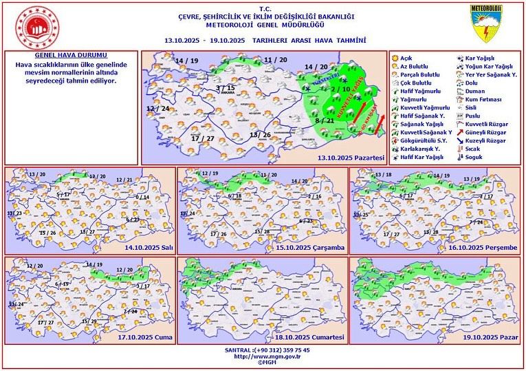 Türkiye haritasında hava durumu tahminleri ve meteorolojik uyarılar yer alıyor.