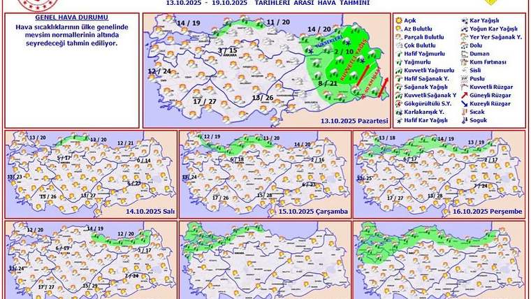 Türkiye haritasında hava durumu tahminleri ve meteorolojik uyarılar yer alıyor.